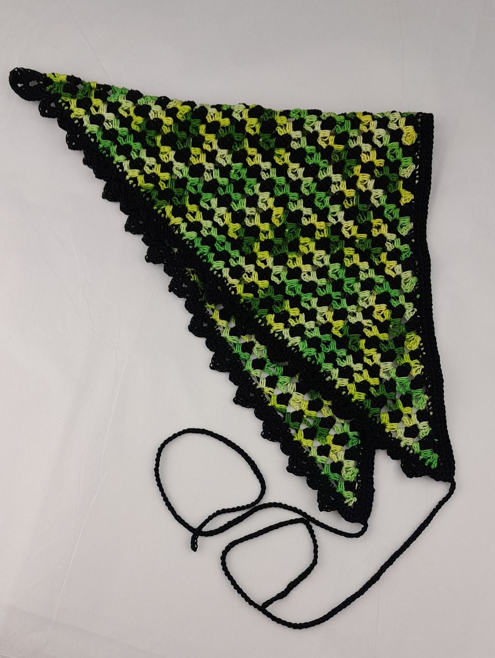 Handcrafted Green Black Crochet Patterned Head Bandana Kerchief Tie Back